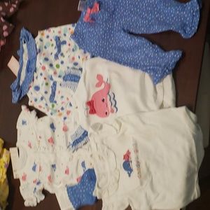 Baby Gymboree 6 piece set. Size 0-3 mos.  Blue Pink whale patterns.